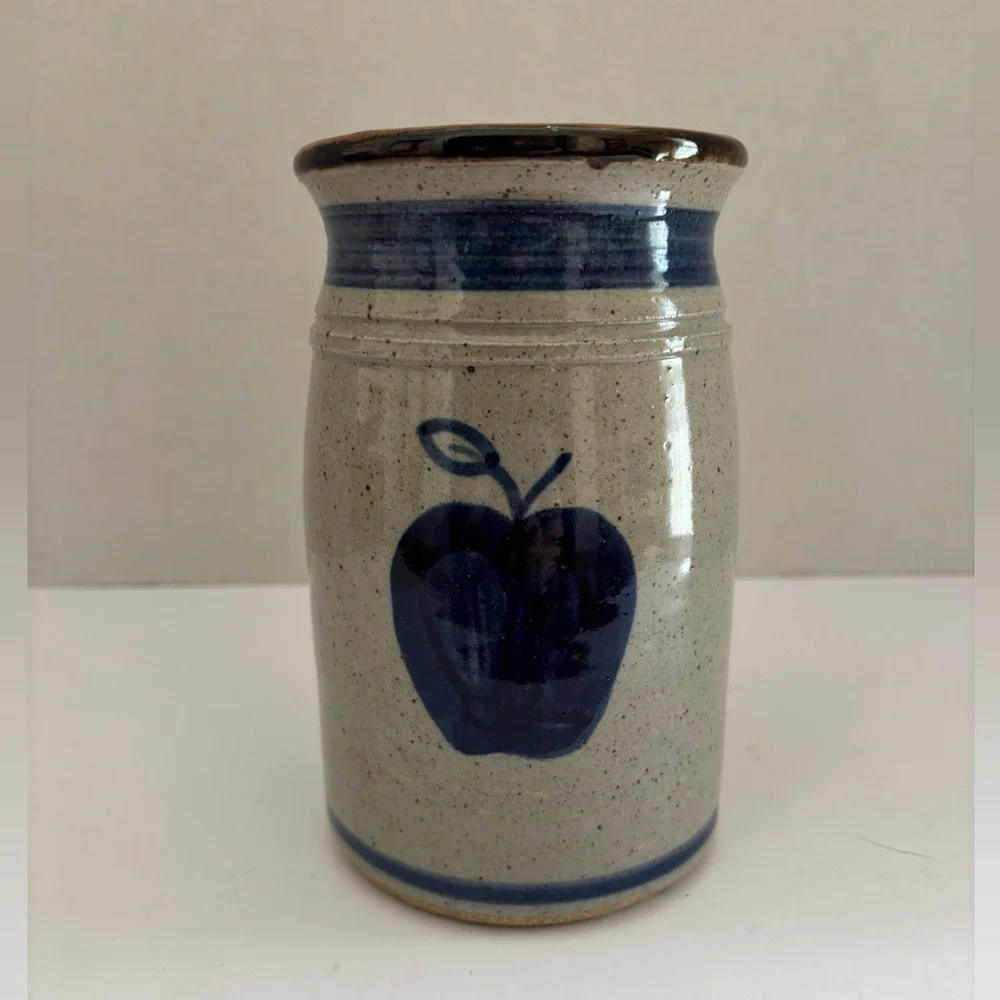 Vintage Mark Essig Signed Blue Apple Stoneware Vase/Utensil Holder 7